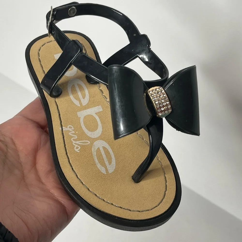bebe‎ Toddler Girls Vegan Sandals With Bow And Rhinestones 9/10 Black